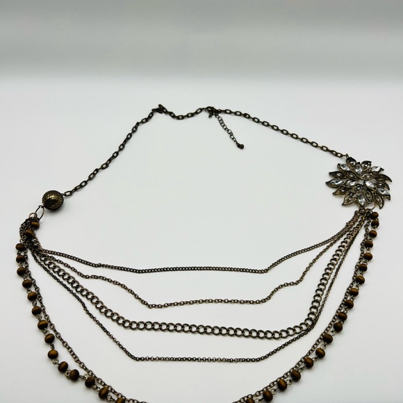 Boho Statement Necklace Multi Strand Flower Crystal Pendant Vintage - Picture 3 of 4